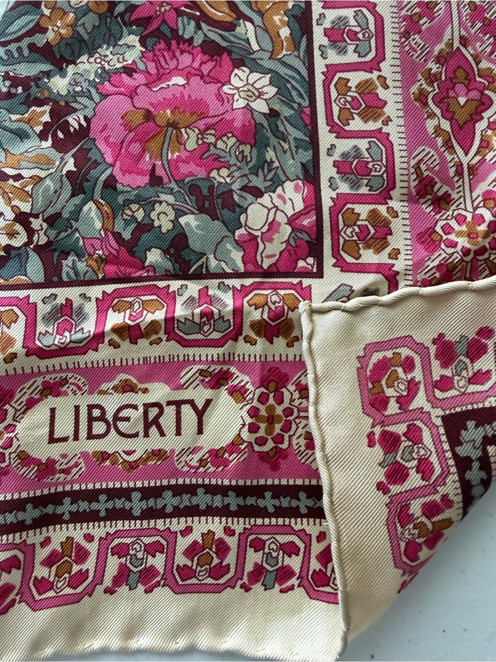 Vintage Liberty of London 100% Silk Scarf Floral Border Pink Olive Green Square